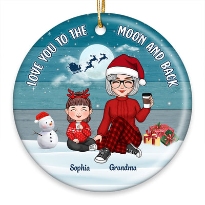 Blue Palette Cute Grandma & Grandkids Sitting On Snow Personalized Circle Ornament