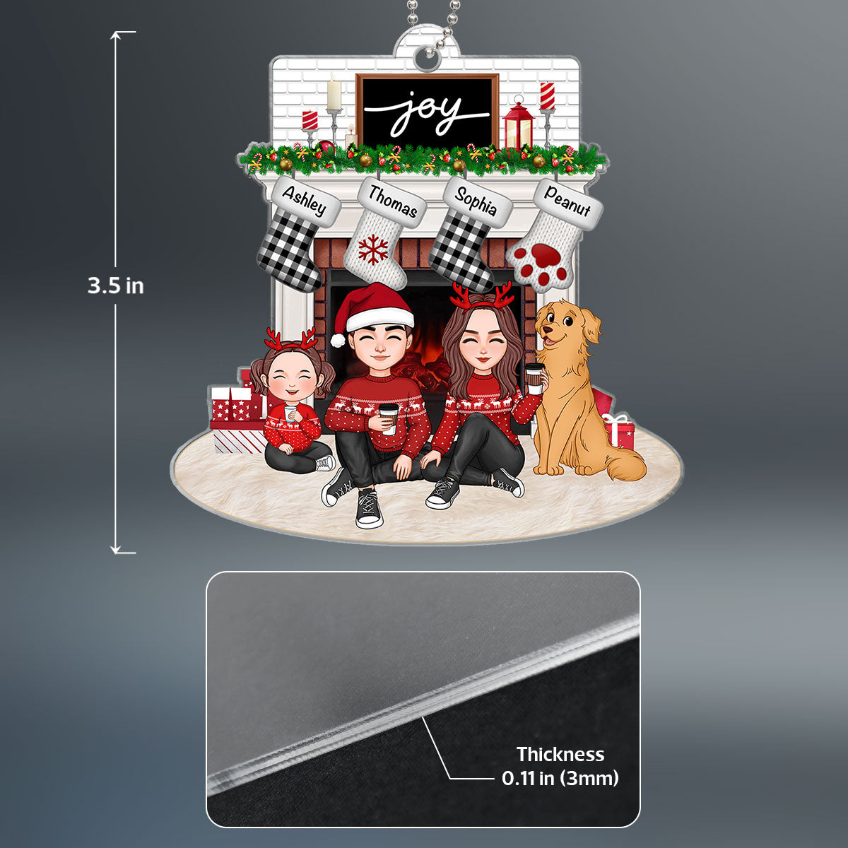 Cute Family Dad Mom Kids Dogs Cats Sitting At Christmas Fireplace Personalized Acrylic Ornament
