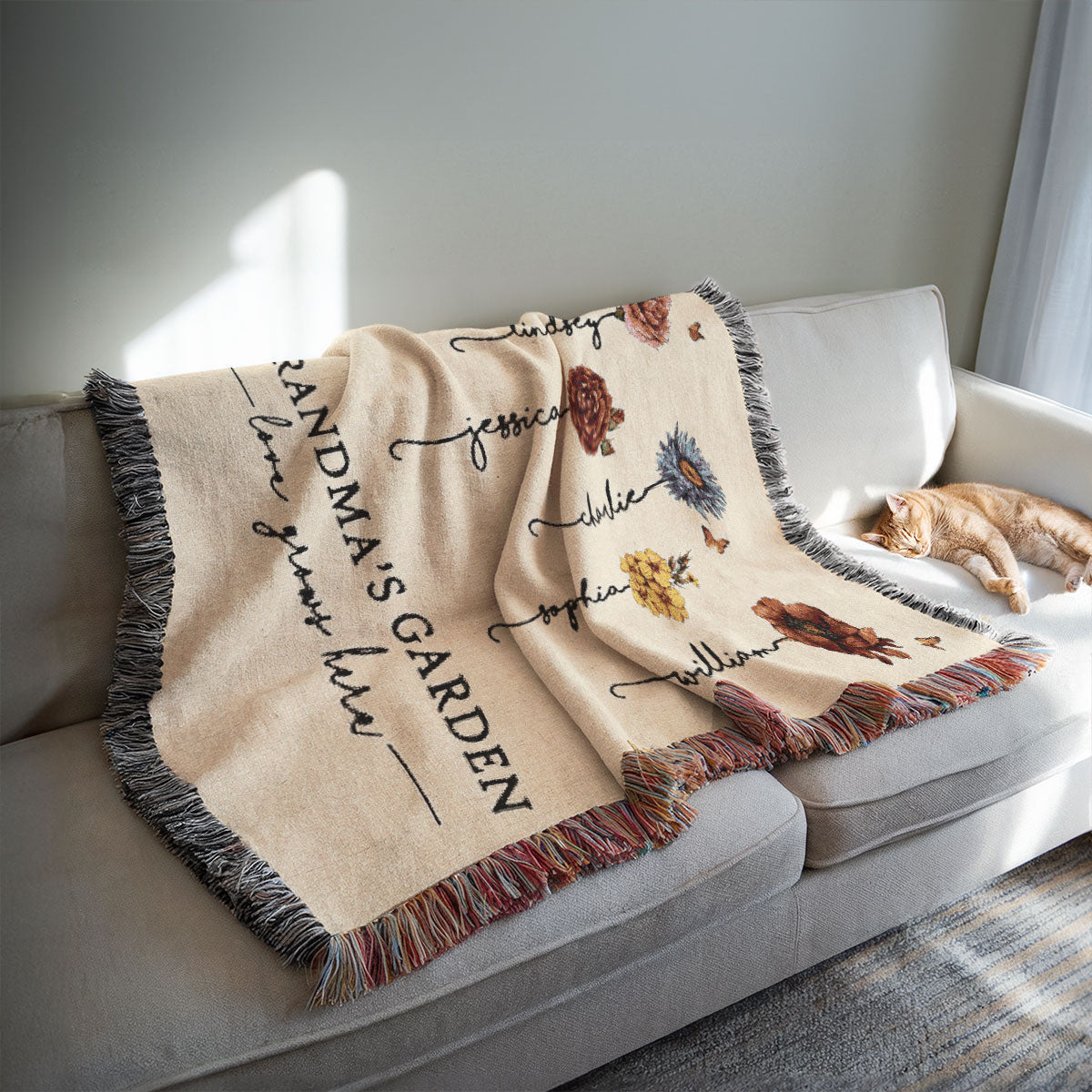 Beautiful Vintage Birth Month Flowers Grandma's Garden Personalized Tapestry Woven Blanket, Gift For Grandma