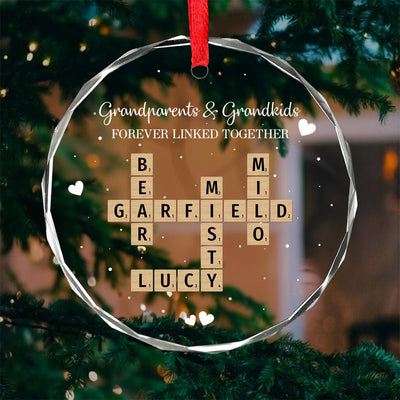 Grandpa Grandma Grandparents And Grandkids Forever Linked Together Crossword Puzzle Art Personalized Glass Ornament