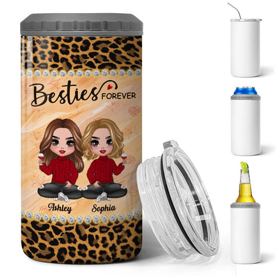 Leopard Pattern Doll Besties Sisters Sitting Personalized 4 In 1 Can Cooler
