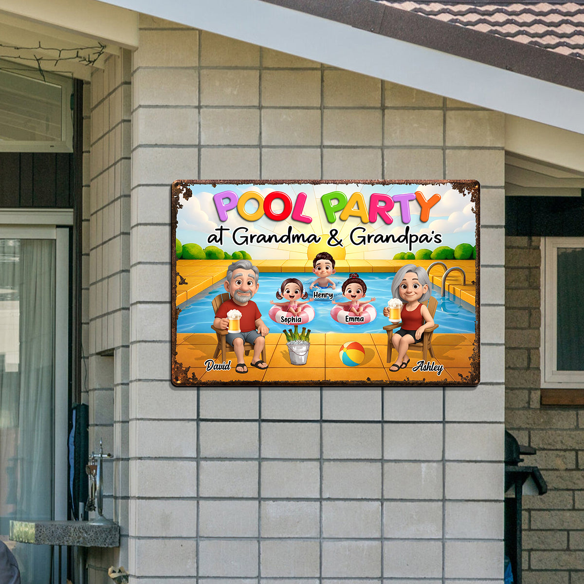 Pool Party At Grandma Grandpa Personalized Metal Sign, Grandparents Hosting Grandkids