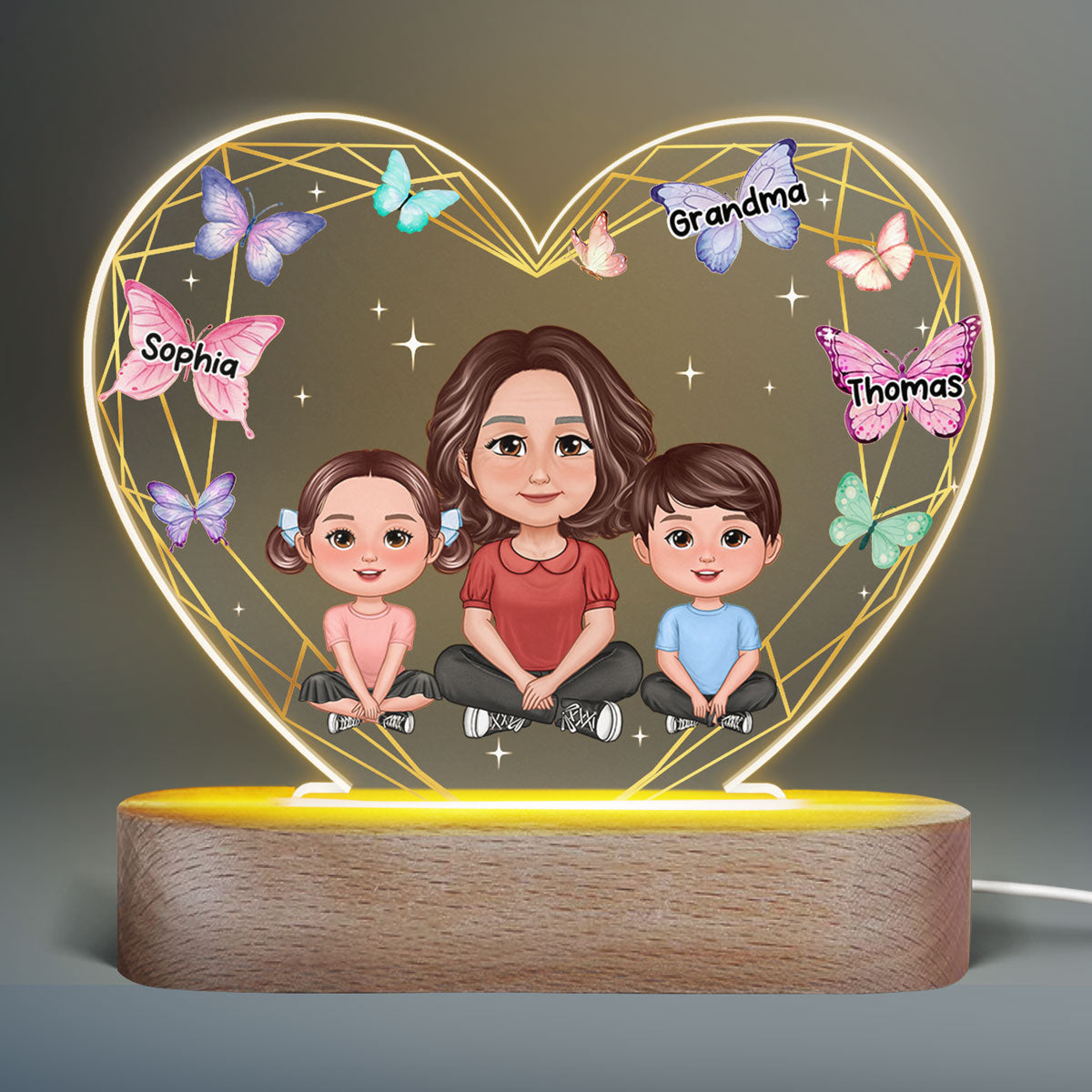Grandma Grandkids Crossed Legs Butterfly Hearts Personalized Heart Acrylic LED Night Light