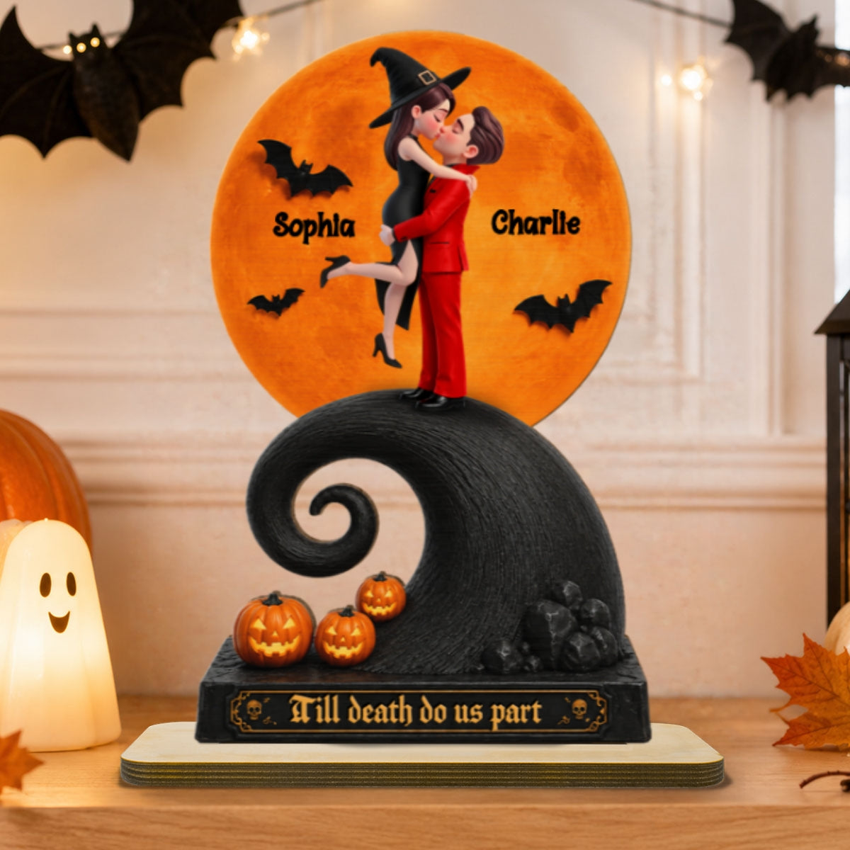 Our Love Beneath The Halloween Moon - Personalized 2-Layered Wooden Plaque - Halloween Gift For Couple - Personalized 2-Layered Wooden Plaque - Halloween Gift For Couple