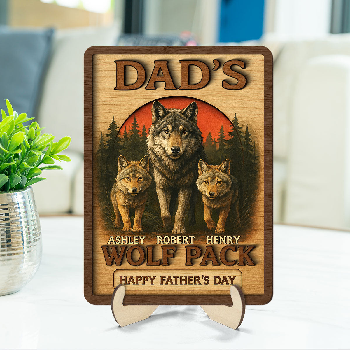 Dad's Wolf Pack Personalized 2-Layered Wooden Plaque, Father's Day Gift for Dad