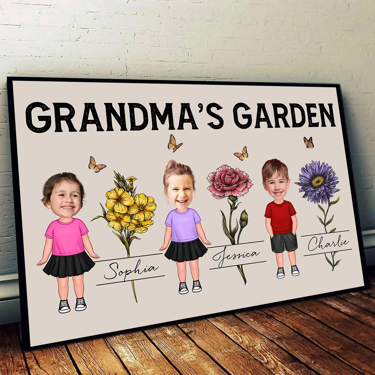 Custom Grandkids Photo Grandma‘s Garden Beautiful Vintage Birth Month Flower Personalized Horizontal Poster
