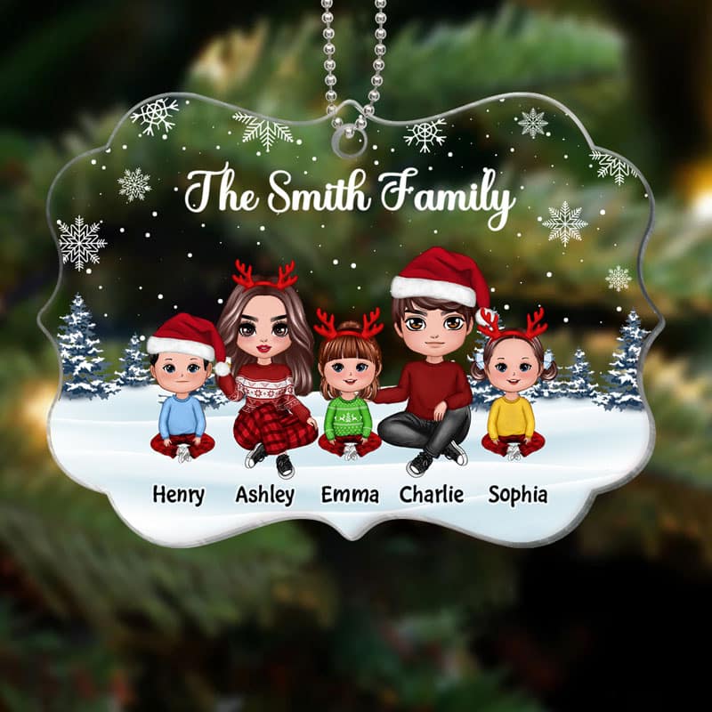 Doll Family Sitting In Snow Personalized Acrylic Ornament