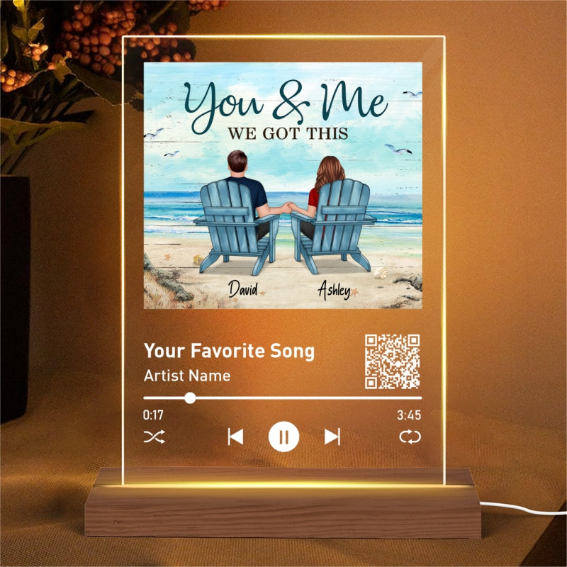 Back View Couple Sitting Beach Landscape Favorite Song Scannable QR Code Gift For Him For Her Personalized Rectangle Acrylic Plaque LED Night Light