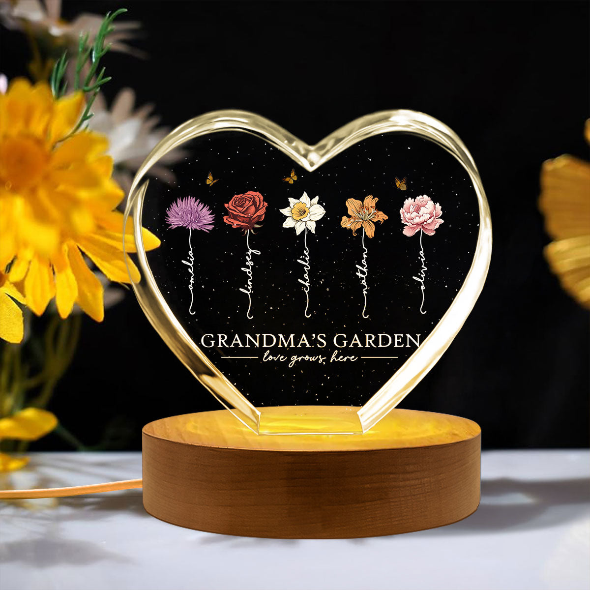 Grandma's Garden Personalized Premium Crystal Heart LED, A Timeless Treasure for Grandma, Free Shipping Included