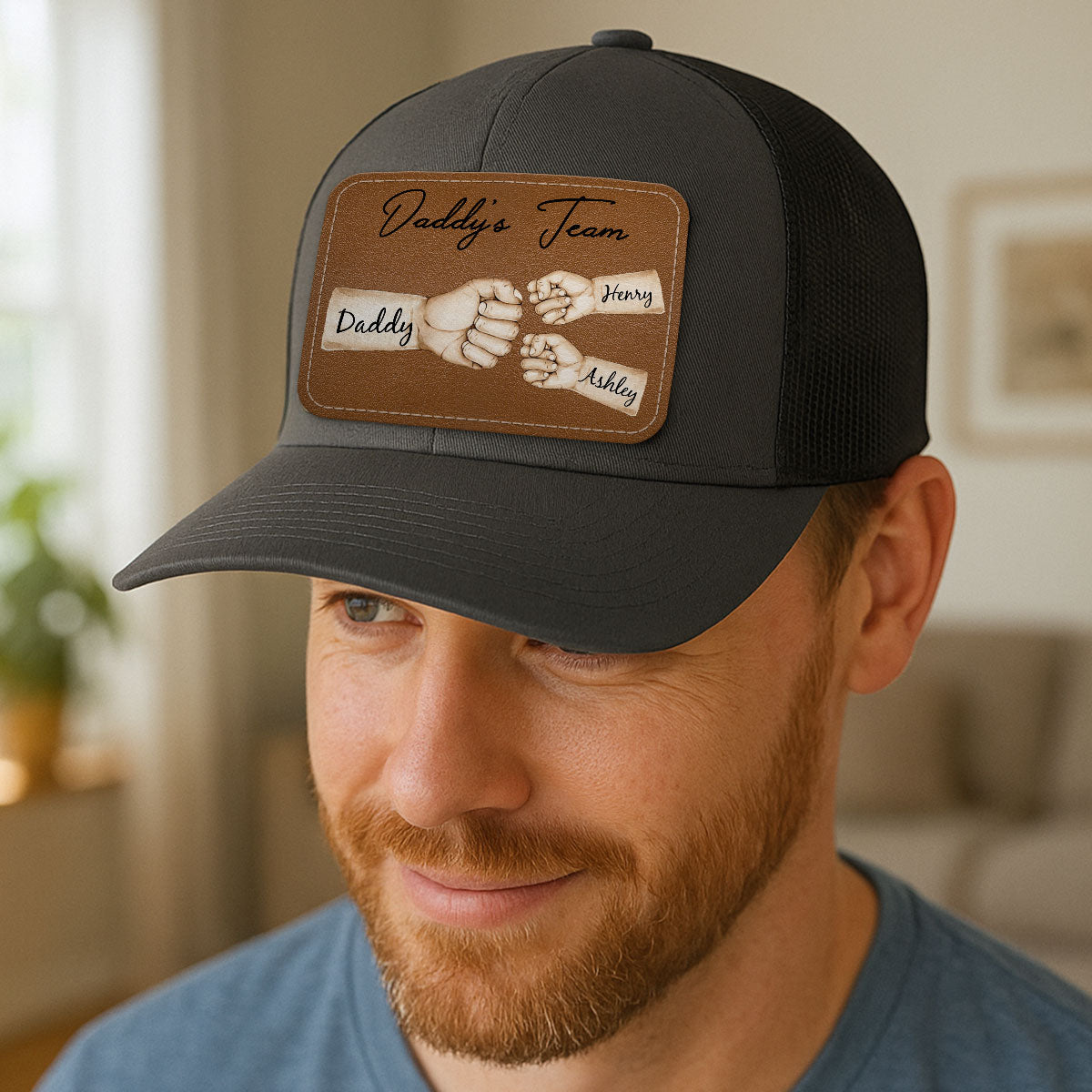 Daddy's Team Fist Bump Personalized Leather Patch Hat, Trucker Cap| Cool Father's Day Gift For Dad, Husband