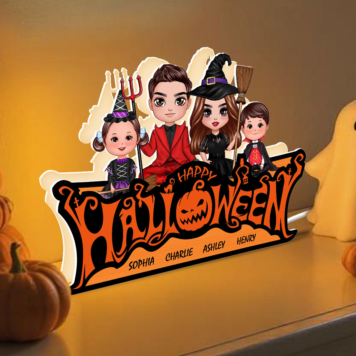 Happy Halloween Jack O Lantern Spooky, Family Sitting Personalized Light Box, Halloween Decor Indoor