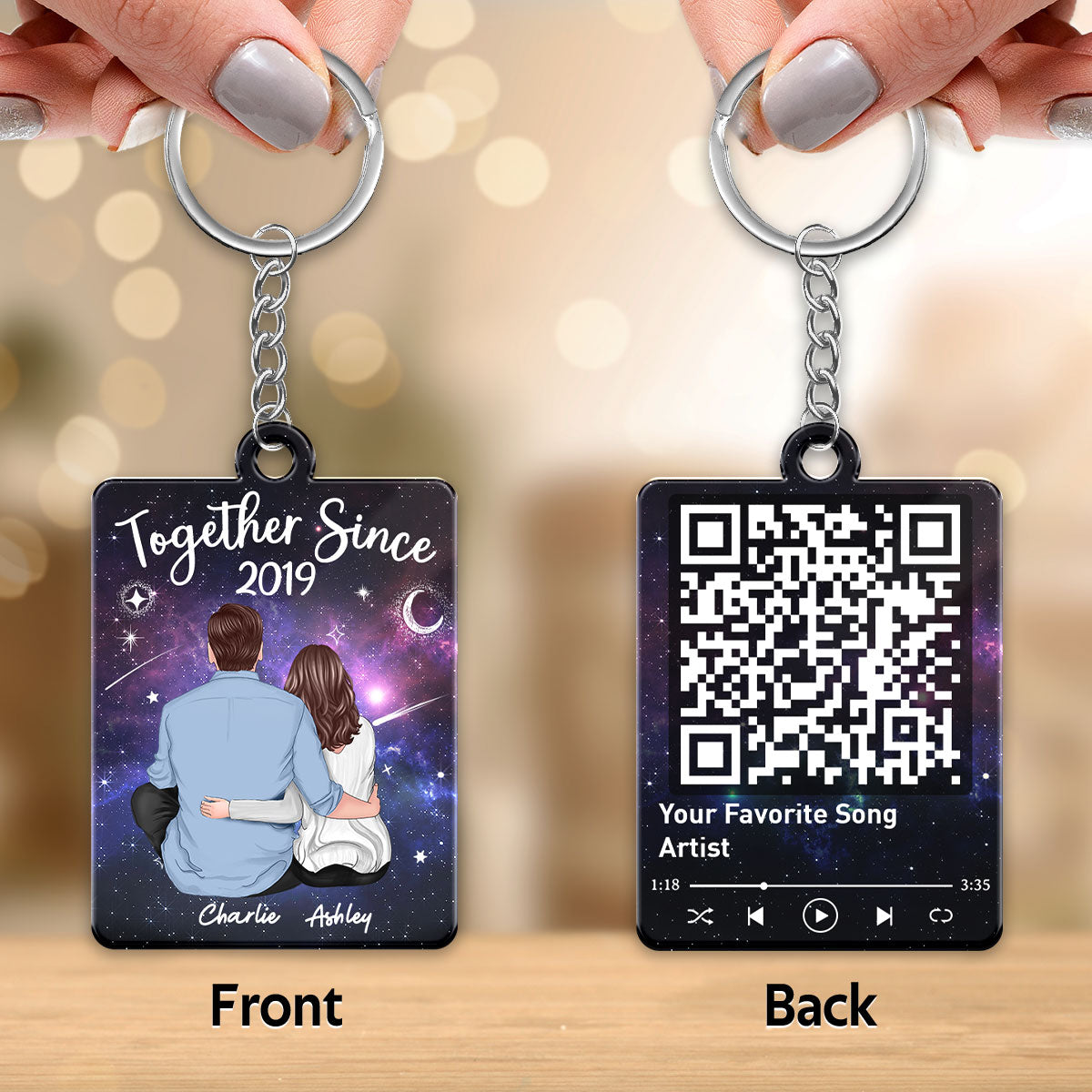 Back View Couple Sitting In Galaxy Night Favorite Song Scannable QR Code Personalized Acrylic Keychain