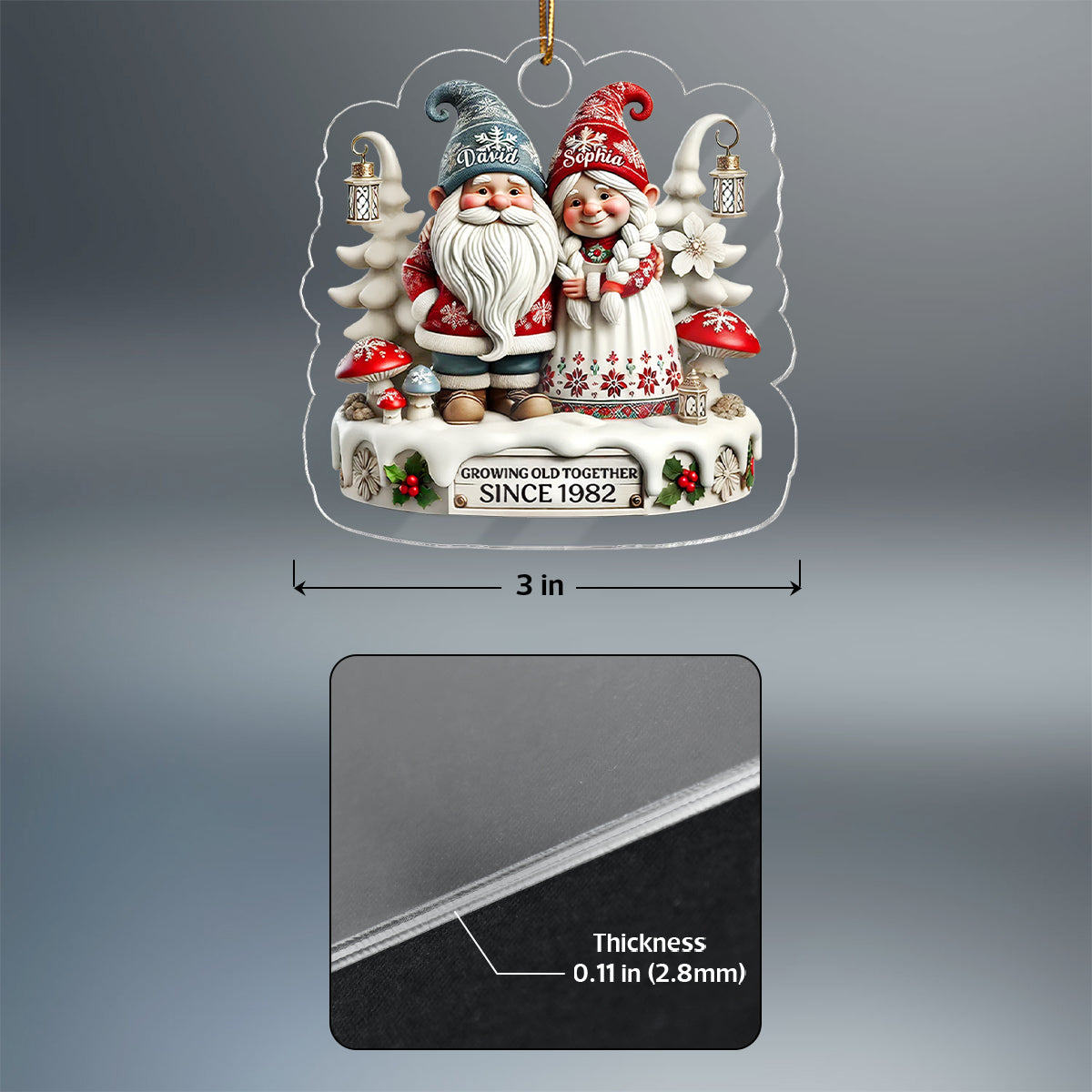 3D Effect Gnome Couple Together Christmas - Personalized Acrylic Ornament - Gift for Him, Gift for Her