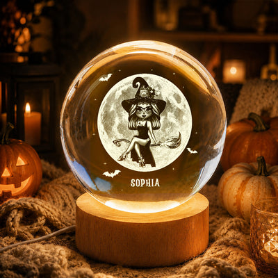 Witch On Broom Under Moon - Personalized Crystal Ball Night Light - Halloween Decor, Wicca Pagan Decor For Witches