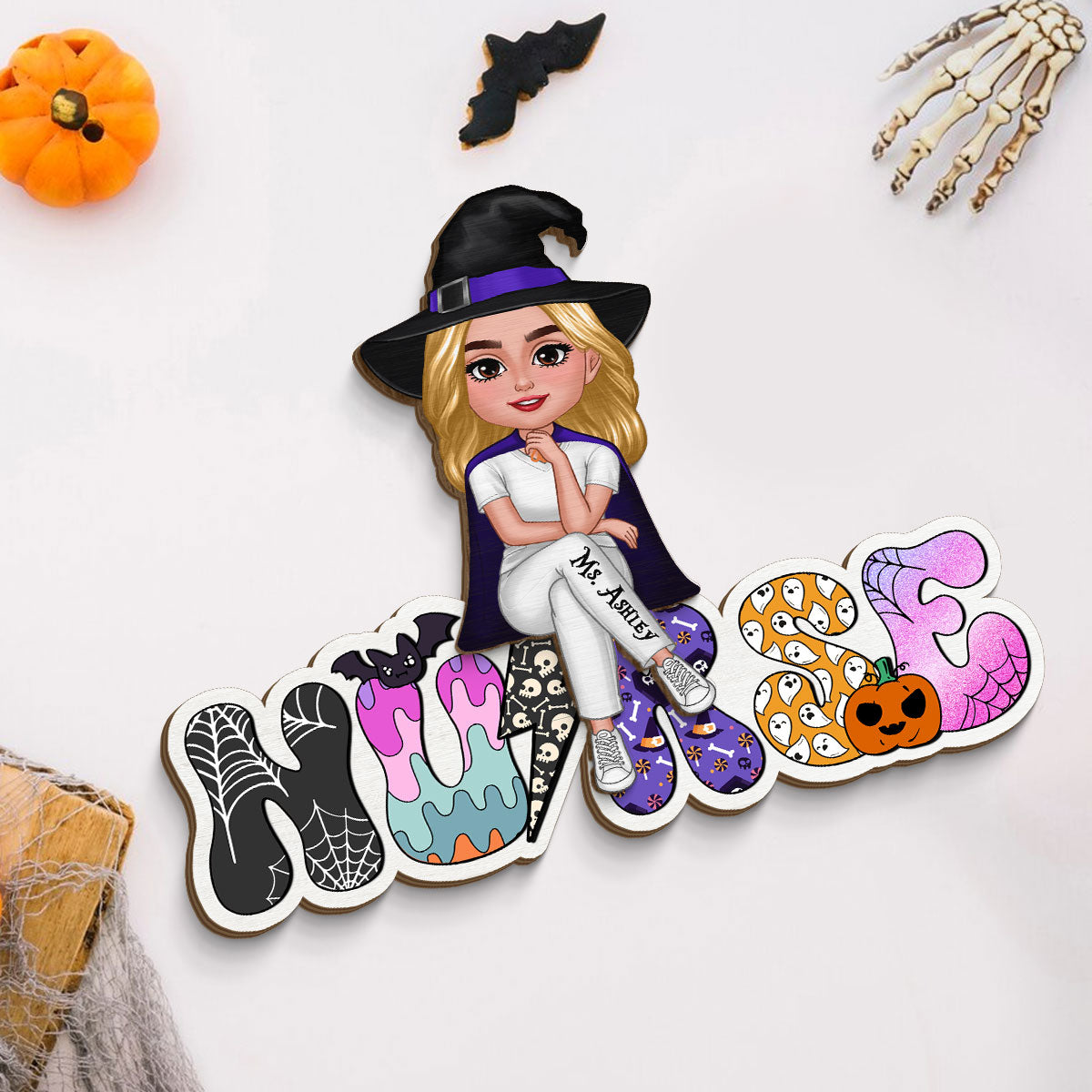 Nurse Sitting Halloween Pattern Personalized Standing Wooden Plaque