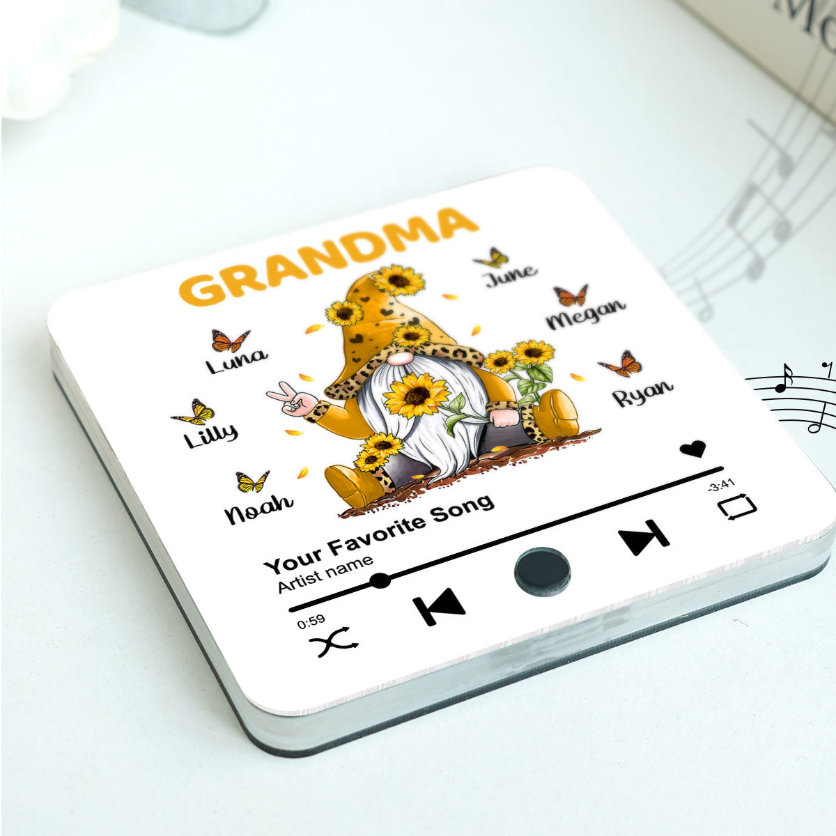 Sunflower Gnome Butterflies Grandma With Grandkids Personalized Music Fridge Magnet, Heartfelt Gift For Mom For Grandma
