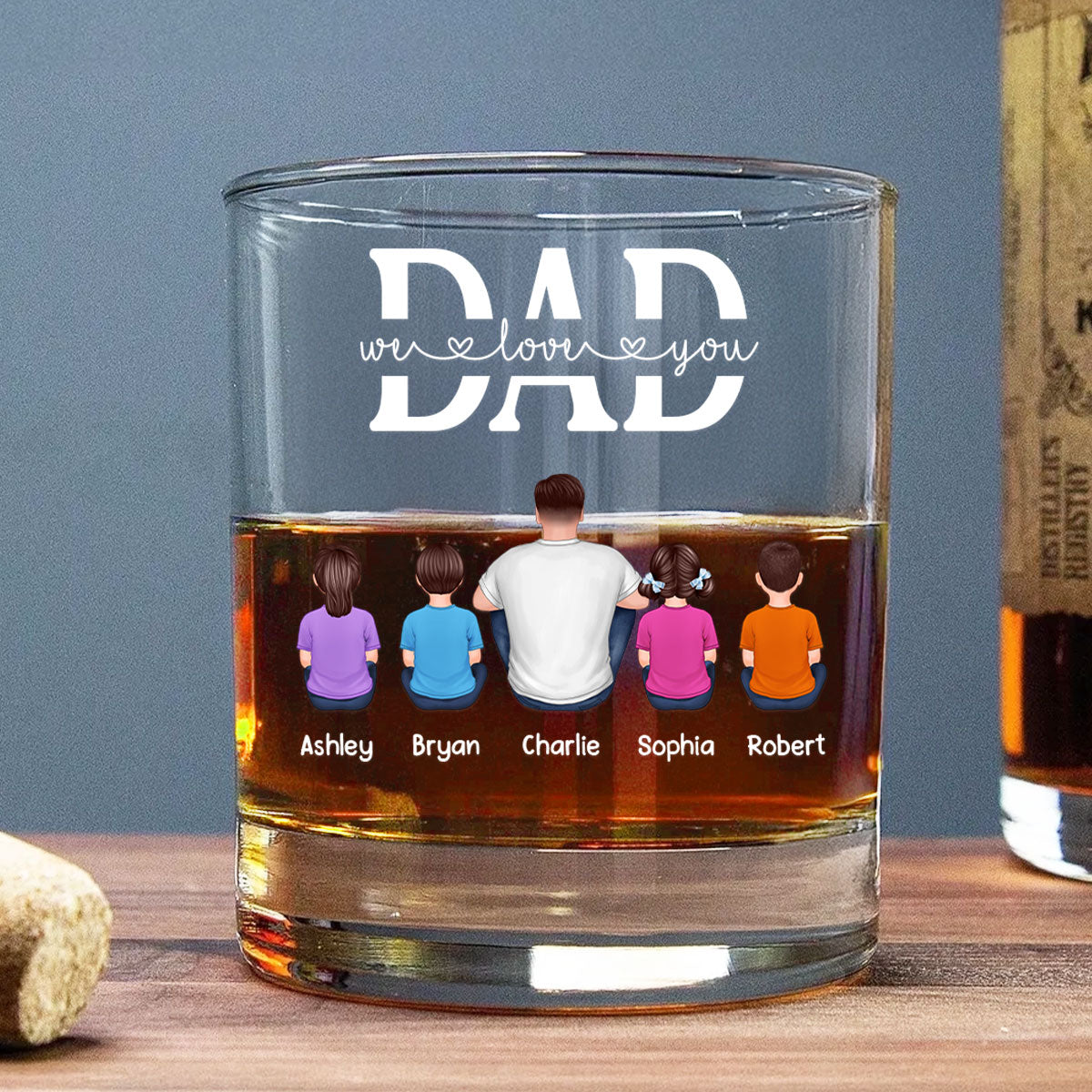 Best Dad Ever Back View Man Kids Dog Cat Personalized Whiskey Glass, Wine Glass, Father's Day Gift for Dad