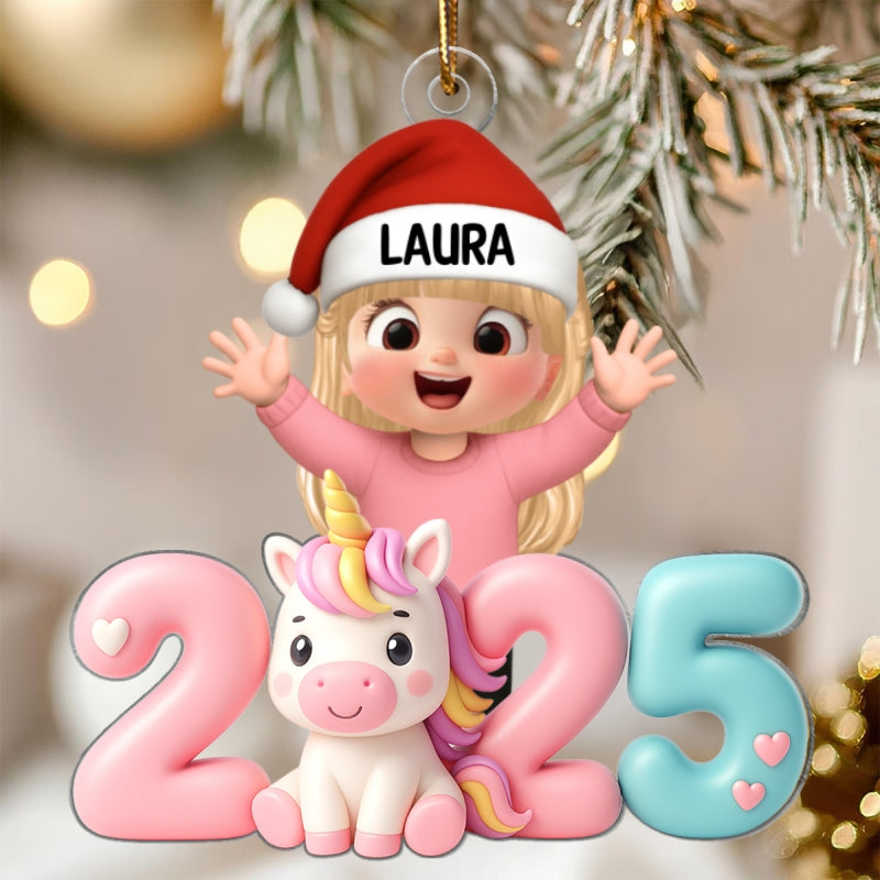 3D Effect Happy Kid With Unicorn Numbers - Personalized Acrylic Ornament - Christmas Gift For Kids, Grandkids, Granddaughter