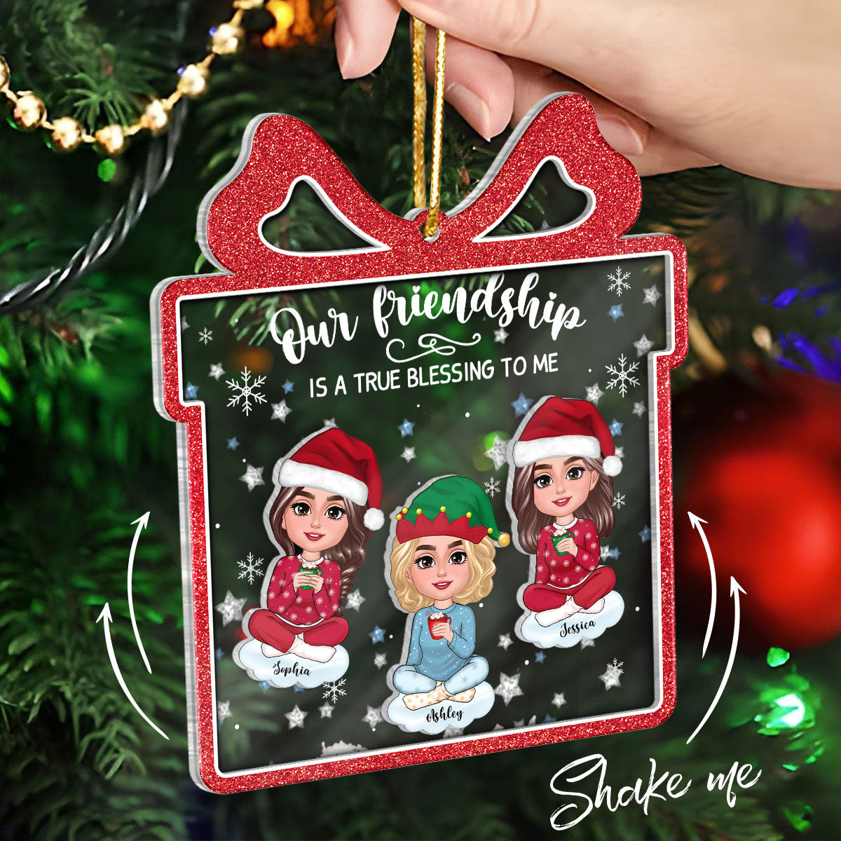 Our Friendship Is True Blessing Gift Shaped Personalized Shaker Ornament, Christmas, Christmas Gift For Friends