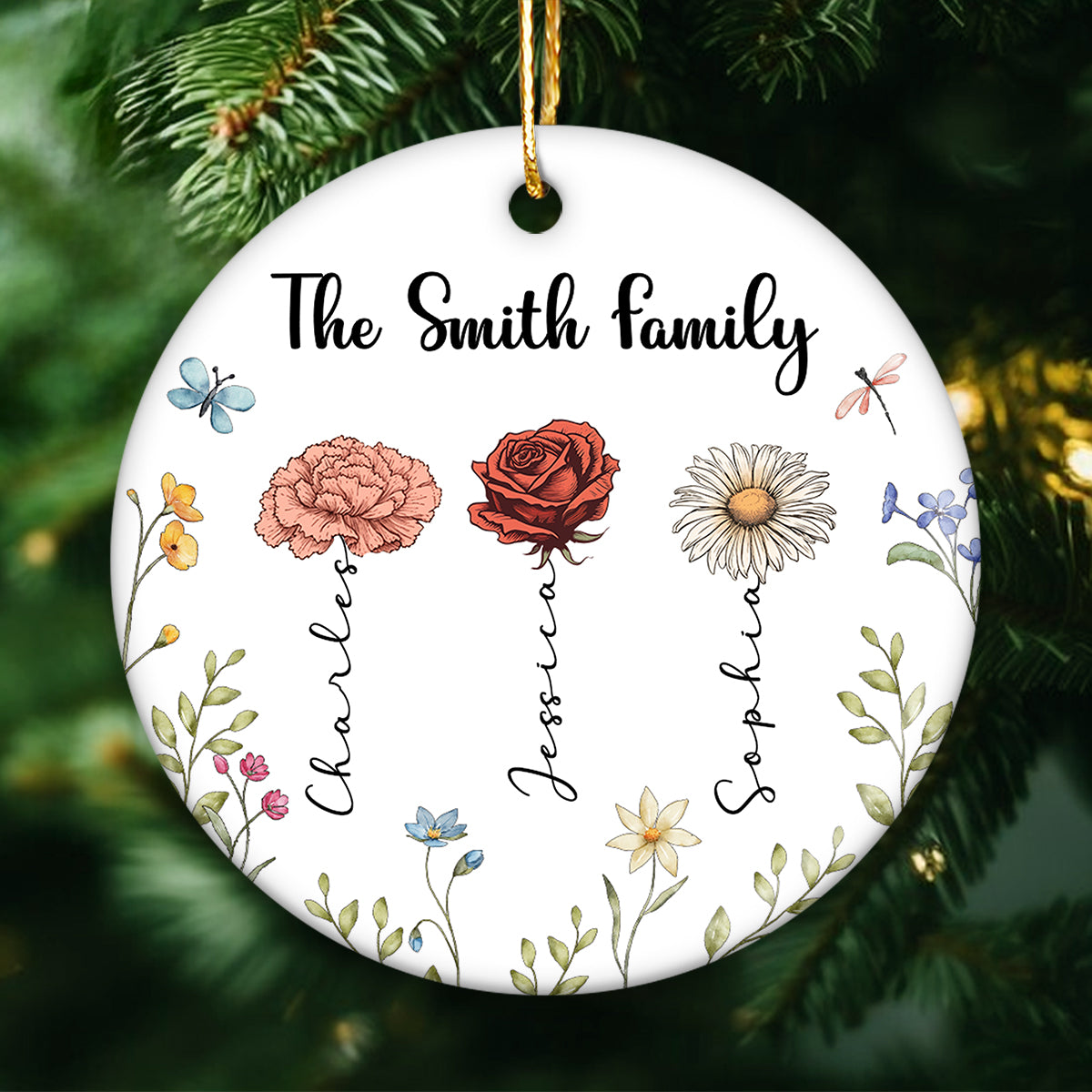 Family Birth Flower Personalized Ceramic Ornament, Christmas Gift For Family, Daughter, Son