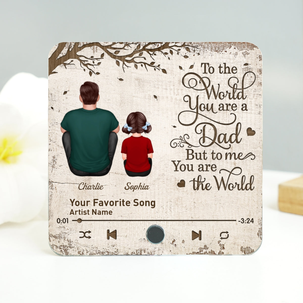 Dad And Kids Dogs Cats Sitting Under Tree To The World You Are A Dad Personalized Personalized Music Fridge Magnet, Heartfelt Gift For Dad