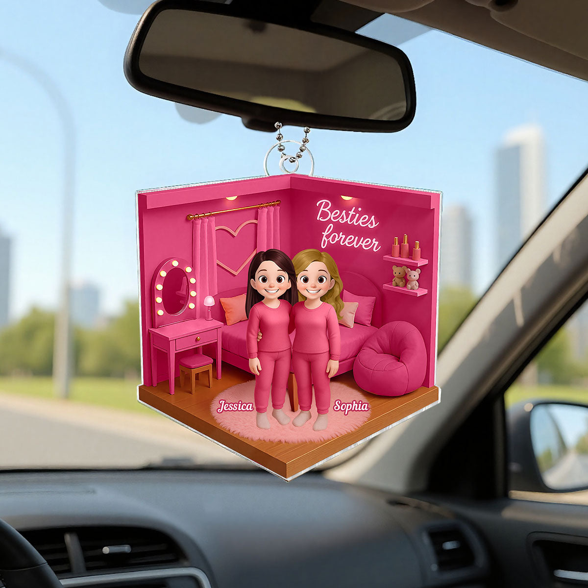 3D Effect Besties Pink Tone Diorama Dream Dollhouse Personalized Flat Acrylic Ornament, Keepsake