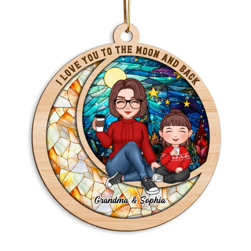 Love You To The Moon Cute Grandma Grandkid On Colorful Moon Personalized Wooden Ornament