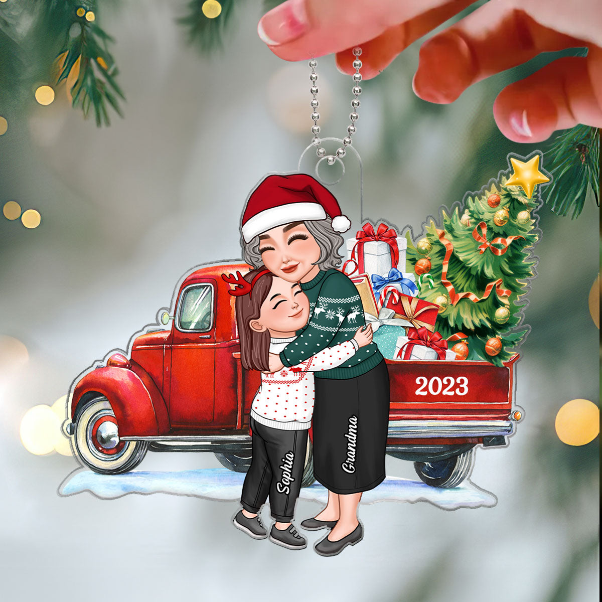 Grandma & Grandkid Hugging By Christmas Truck Personalized Acrylic Ornament