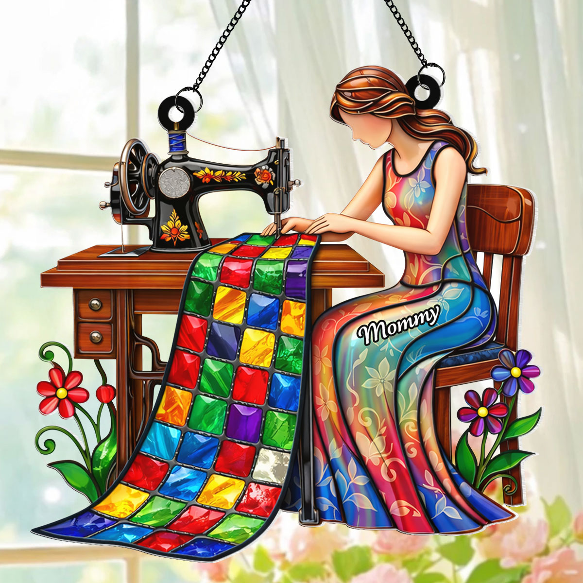 Mom Grandma Sewing Colorful Quilt - Personalized Acrylic Window Hanging - Gift For Mom, Grandma