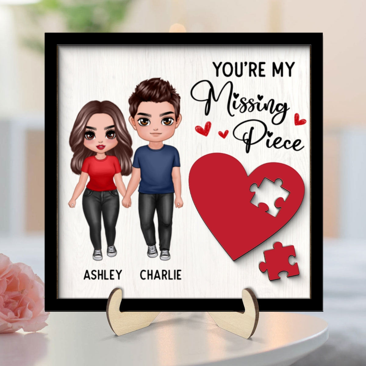 Standing Doll Couple Missing Piece Red Heart Valentine‘s Day Gift For Her Gift For Him Personalized 2-Layer Wooden Plaque