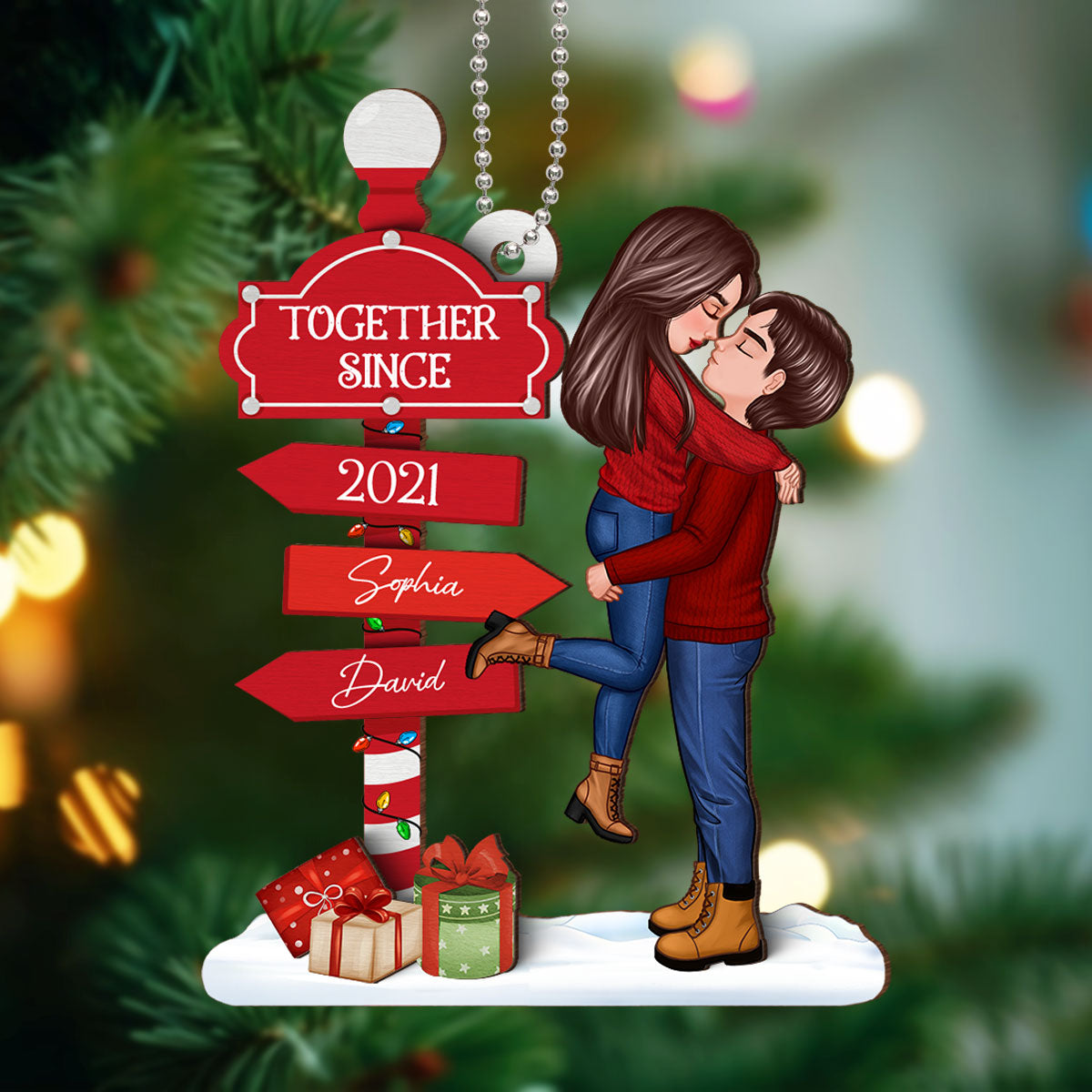 Christmas Couple Kissing Sign Personalized 2-Layer Wooden Ornament