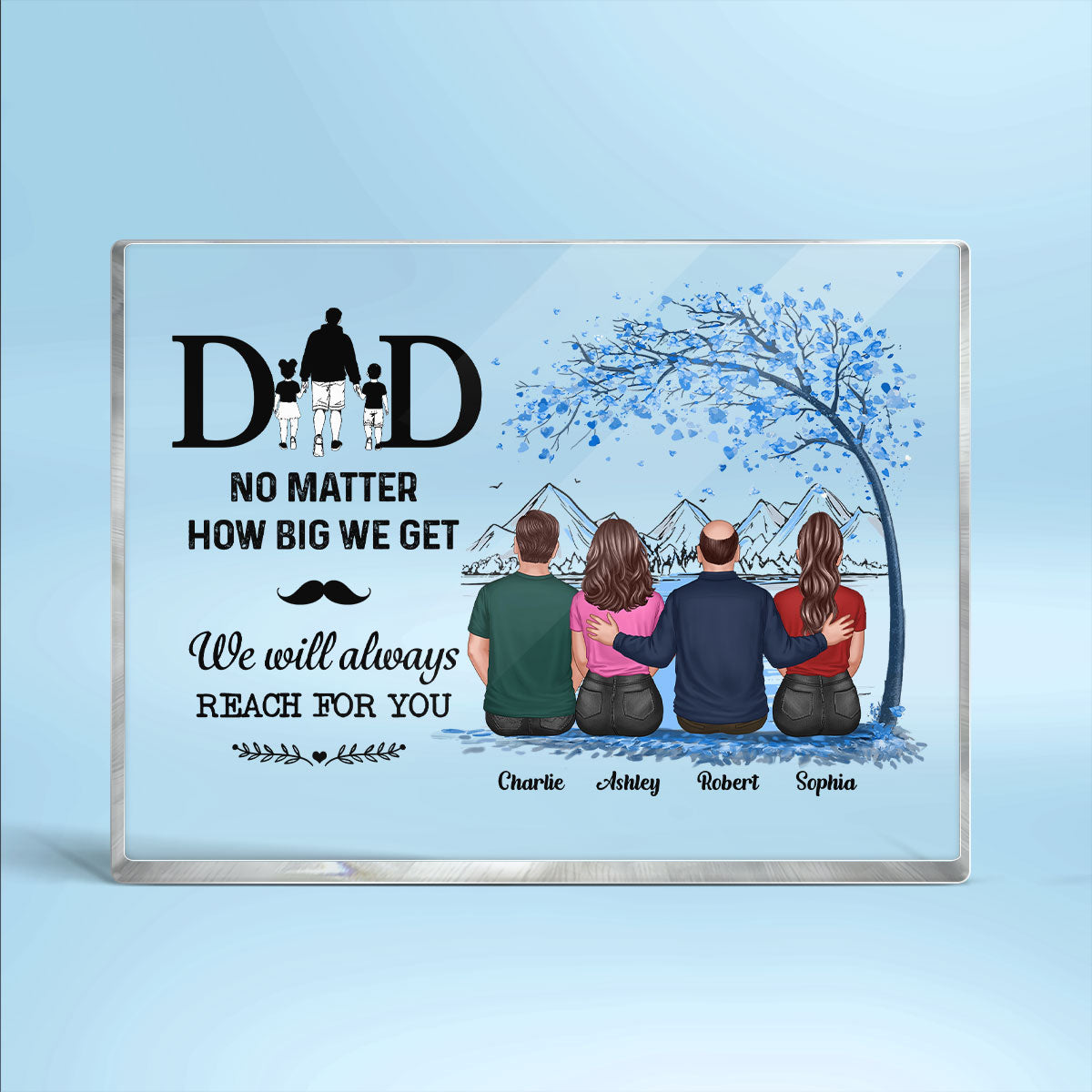 Back View Dad And Daughters Sons Sitting Under Tree Personalized Horizontal Rectangle Acrylic Block