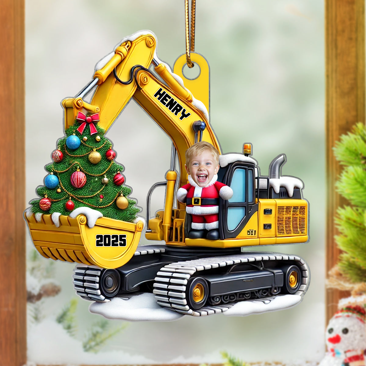 Personalized Xmas Excavator Construction Backhoe Kid Photo Ornament, 3D Effect Xmas Gift For Kids