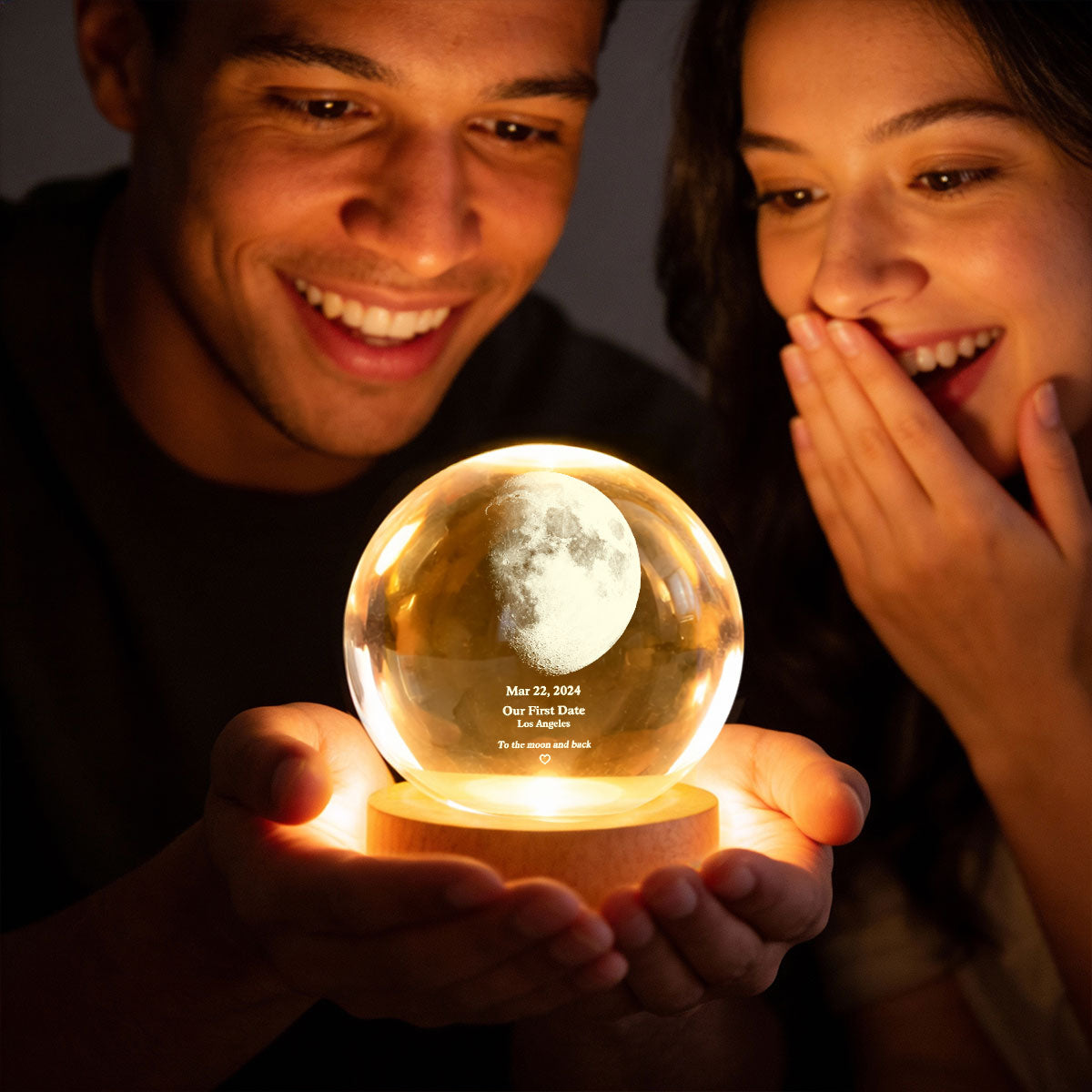 Couple Love to the Moon and Back Moon Phase by Date - Personalized Crystal Ball LED Night Light - Sentimental Valentine's Day Gift for Her, for Him