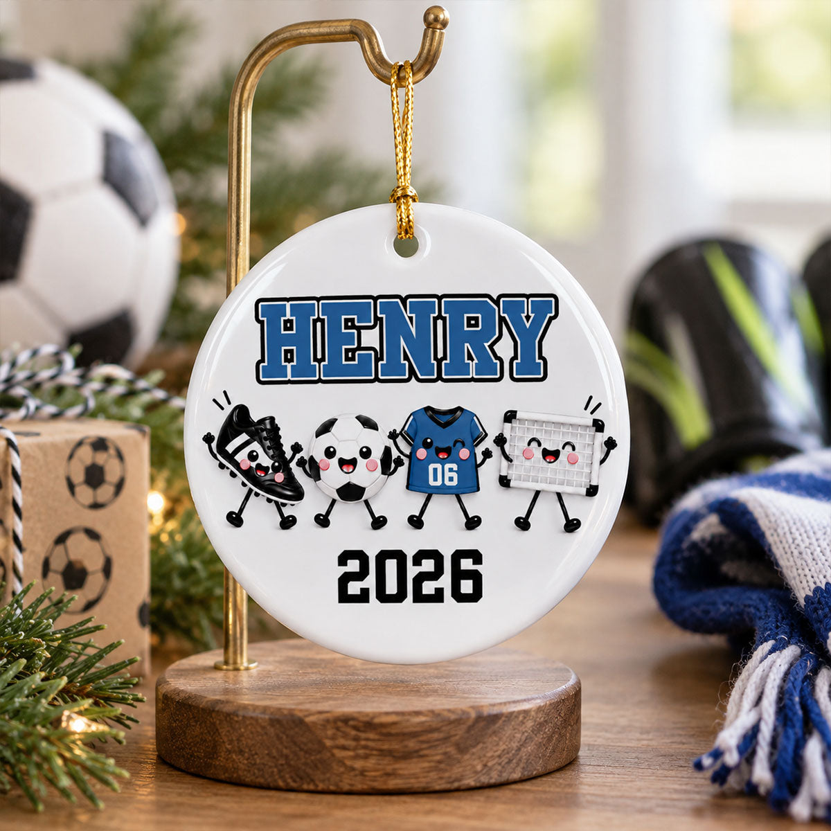 Soccer Things 2D Flat - Personalized Ceramic Ornament – Custom Name Soccer Christmas Keepsake Gift for Player, Son, Daughter, Teen & Soccer Fan