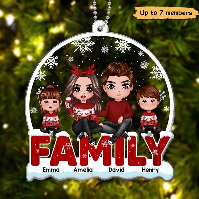 Doll Family Sitting On Text Snow Background Personalized Acrylic Ornament