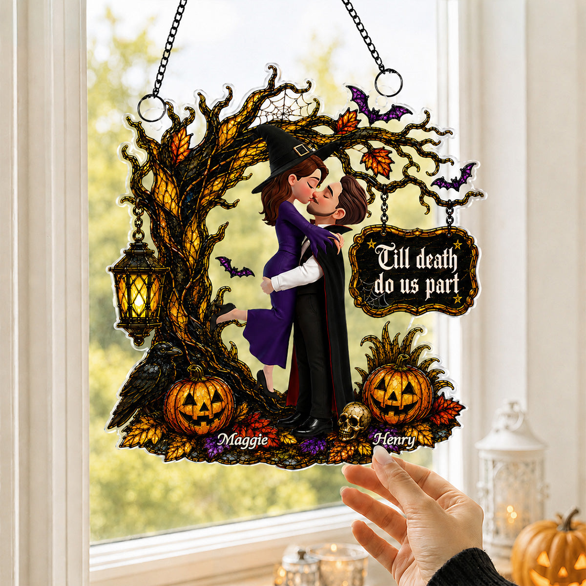 Couple Hugging Under Spooky Halloween Tree 2D Flat - Personalized Acrylic Window Hanger - Halloween Decor For Couple