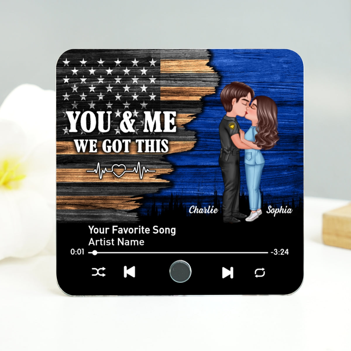 Hero Couple Kissing Half Flag Gift by Occupation Personalized Music Fridge Magnet,  Gift For Him, For Her