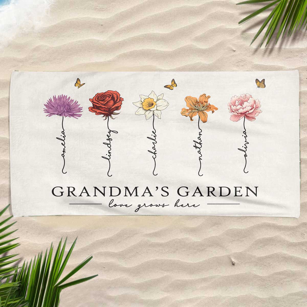 Grandma‘s Garden Love Grows Here Beautiful Birth Month Flower Gift For Grandma Mom Personalized Beach Towel