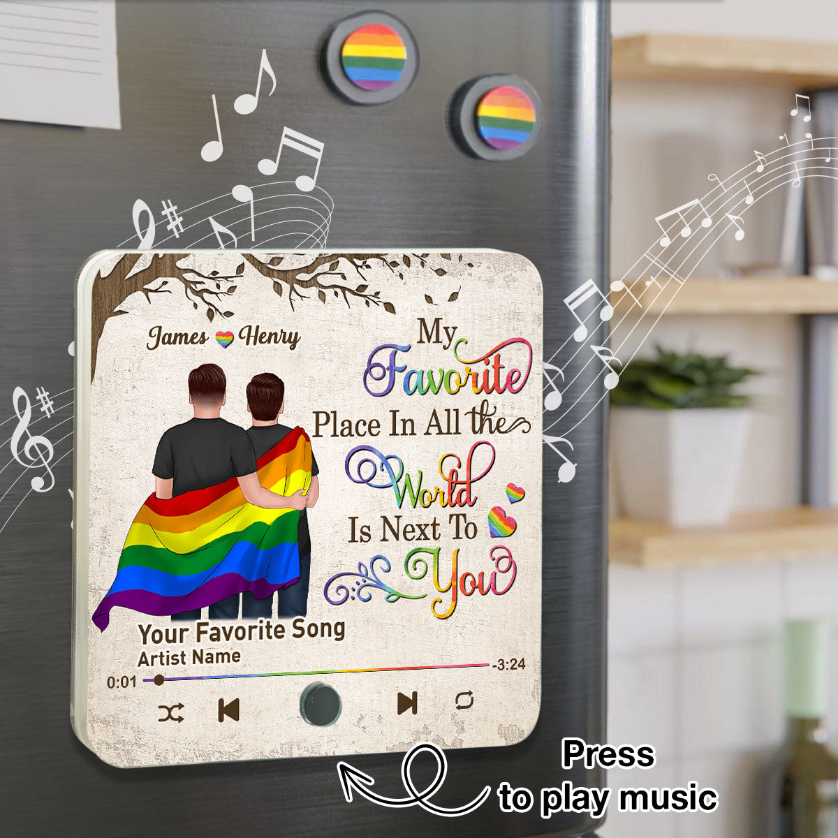 Favorite Place In The World LGBT Couple Standing Back View Personalized Music Fridge Magnet