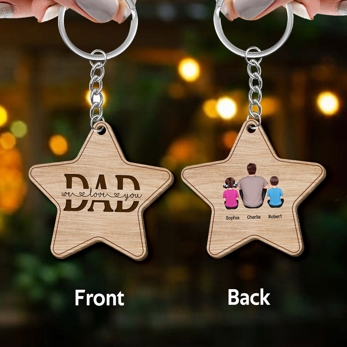 Best Dad Ever Back View Man Kids Dog Cat Personalized Star Shaped Wooden Keychain