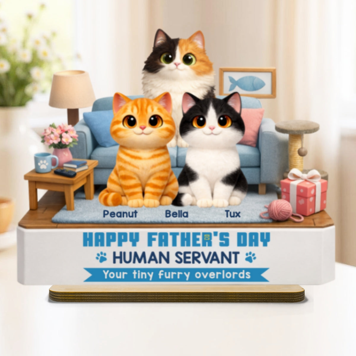 Cat Dad Cute Fluffy Cats Happy Father's Day Human Servant - Personalized 2-Layered Wooden Plaque - Funny Father's Day Gift For Cat Dad, Cat Lovers
