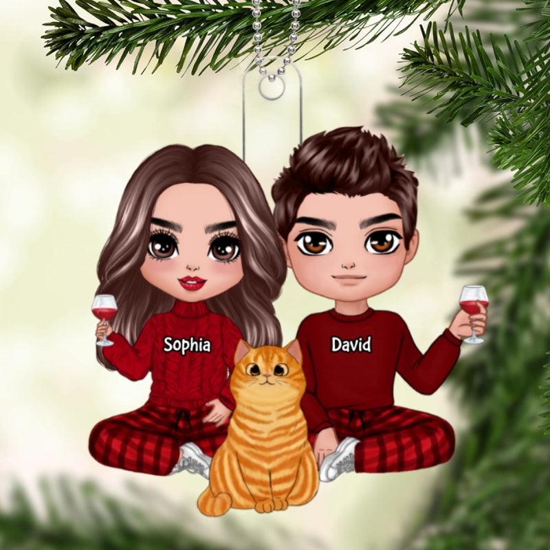 Doll Couple Sitting With Fluffy Cats Christmas Personalized Acrylic Ornament