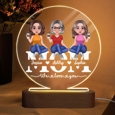 Pretty Doll Mother Daughters Sitting On Text Personalized Acrylic Circle LED Night Light