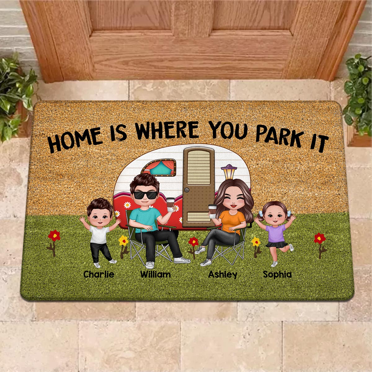 Beautiful Whole Family Doll Camping Couple Dad Mom Kids Dogs Cats Personalized Doormat