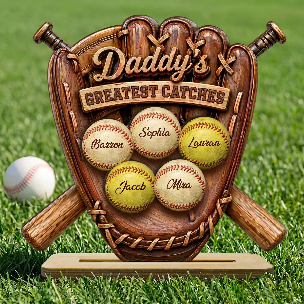 Daddy's Greatest Catches Baseball Softball - Personalized 2-Layered Wooden Plaque - Father's Day Gift for Husband, Dad