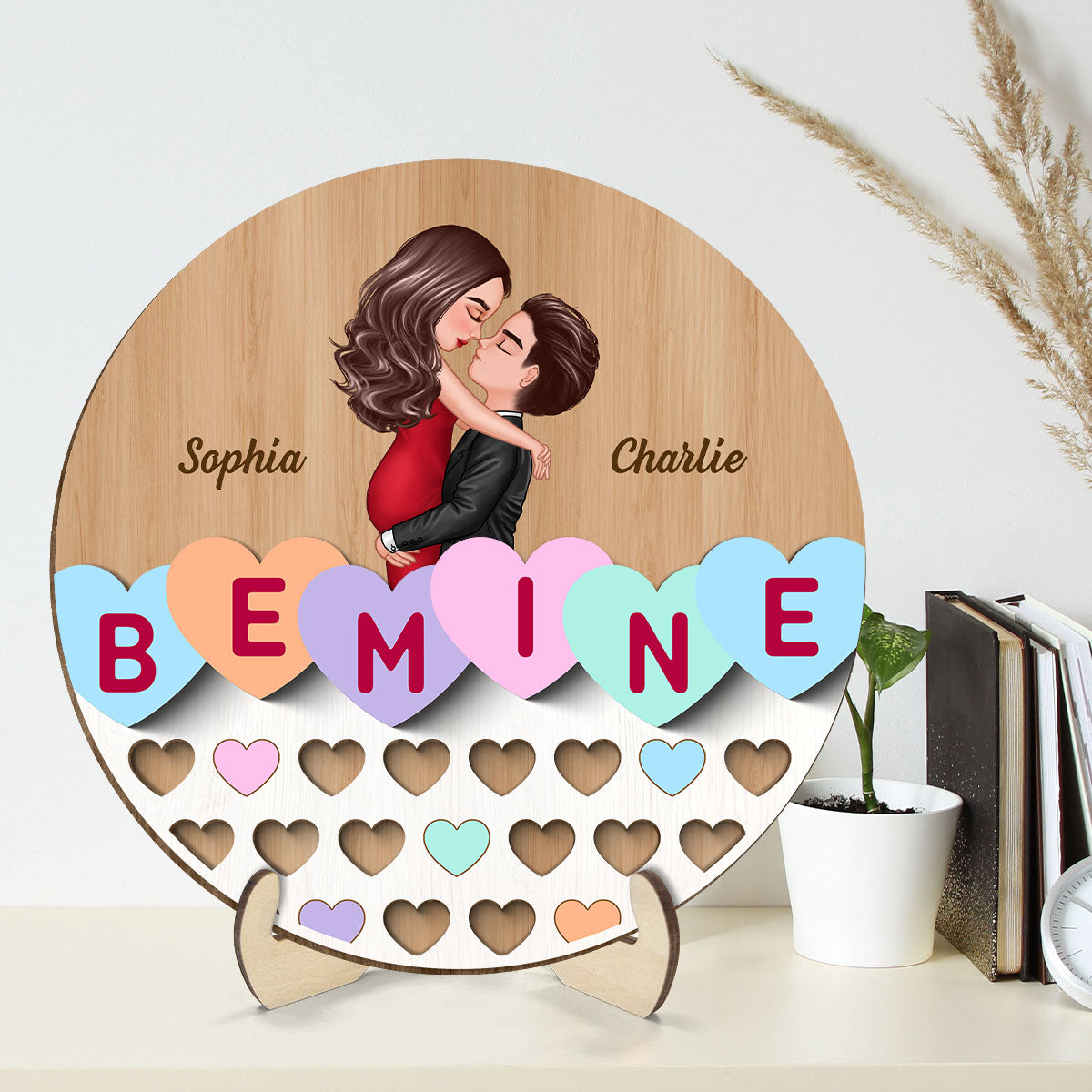 Be Mine Conversation Heart Couple Kissing Personalized 2-layer Wooden Plaque, Gift For Him, For Her
