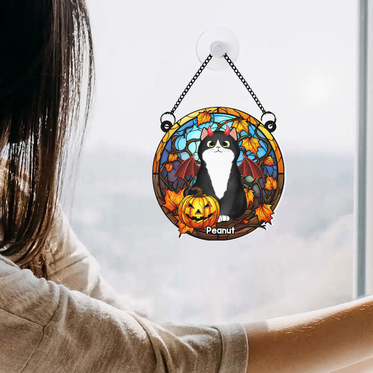 Cat Halloween Personalized Suncatcher, Window Hanger, Halloween Decor