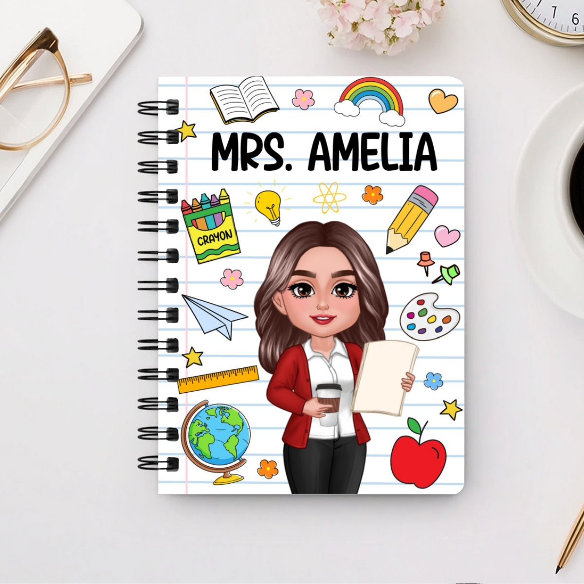 School Things Notebook Page Teacher Name Personalized Spiral Notebook Journal, Back To School Stationery