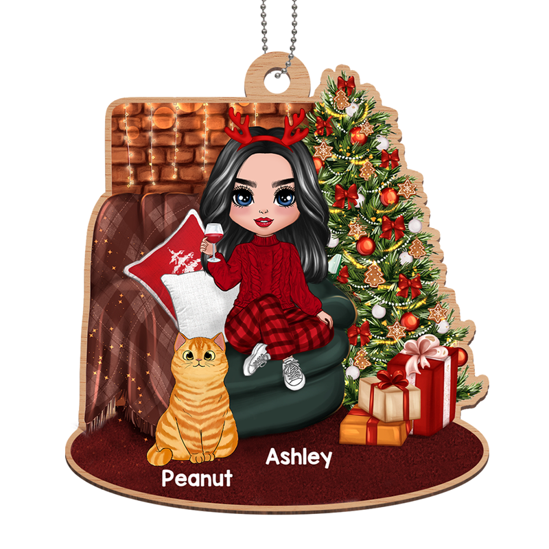 Girl And Cats Sitting On Sofa Beside Christmas Tree Personalized Wooden Ornament